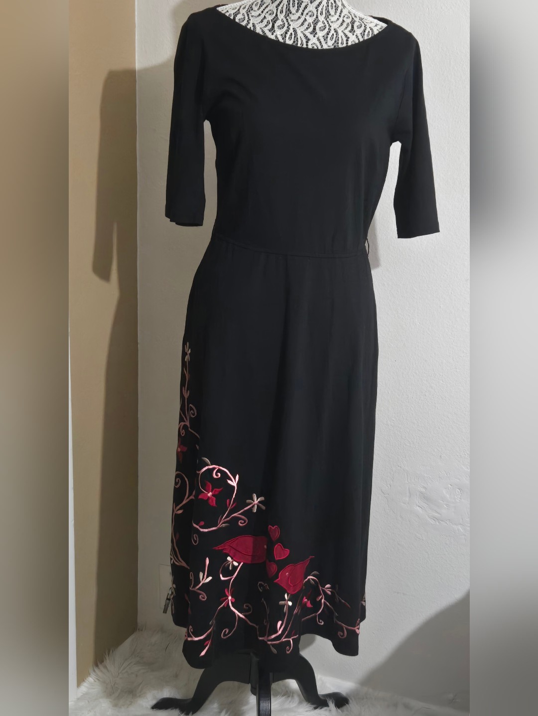 Eshakti Black Midi Dress With Pink Floral Embroidery